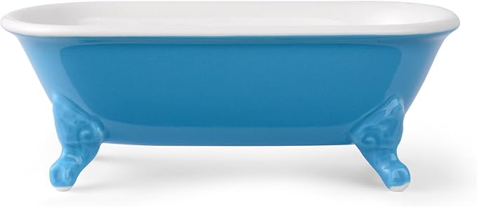 NEWHENGS 6.5" Ceramic Mini Decorative Clawfoot Bathtub Bar Soap Dish, Kitchen Sponge Holder and Shower Tray for Bathroom, 1 Pack(Pacific Blue)