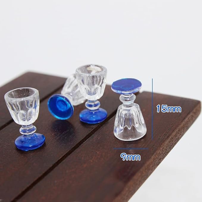 4Pcs Lovely Miniature Wine Glass Set for Dollhouse, 1:6 1:12 Scale, Ideal for Creating Realistic Dining Scenes，Dolls House Blue Stem Wine Glasses Miniature Bar Dining Room Accessory