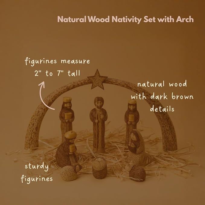Brown Nativity Set, Christmas Decorations, Collectible Figurines, Baby Jesus Holy Family Manger Scene, Indoor Home Decor for Tabletop, Shelf, Desk, Mantel, Wooden Statues, Star Arch, Set of 8