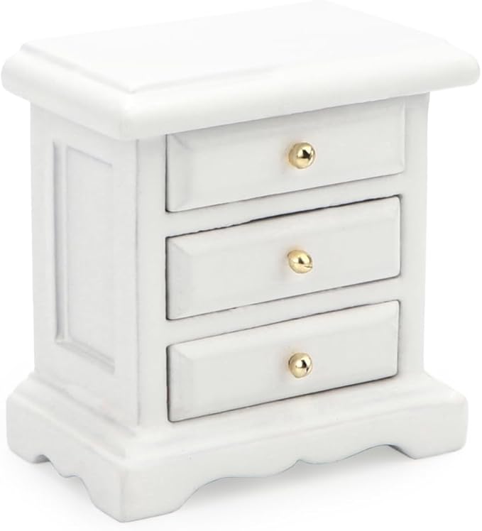 Miniature Bedside 1:12 Furniture Dollhouse Nightstand Bedroom Drawer Cabinet Model Accessories Mini House Scene Building Tabletop Decorations (White)