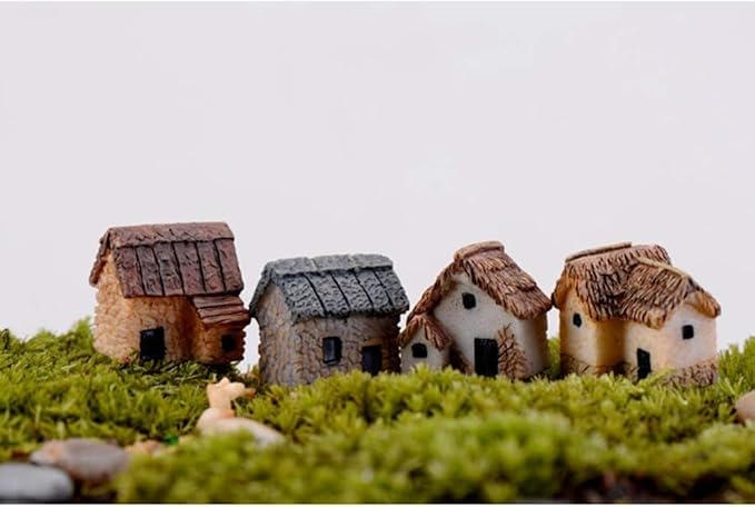 Haohaiblooms 4 Pcs Miniature Fairy Garden Stone House Set - Resin Moss Cottage for Home & Outdoor Decor, Micro Village Thatched Huts, Bonsai Terrarium Crafts, Desk Ornaments for DIY Landscape
