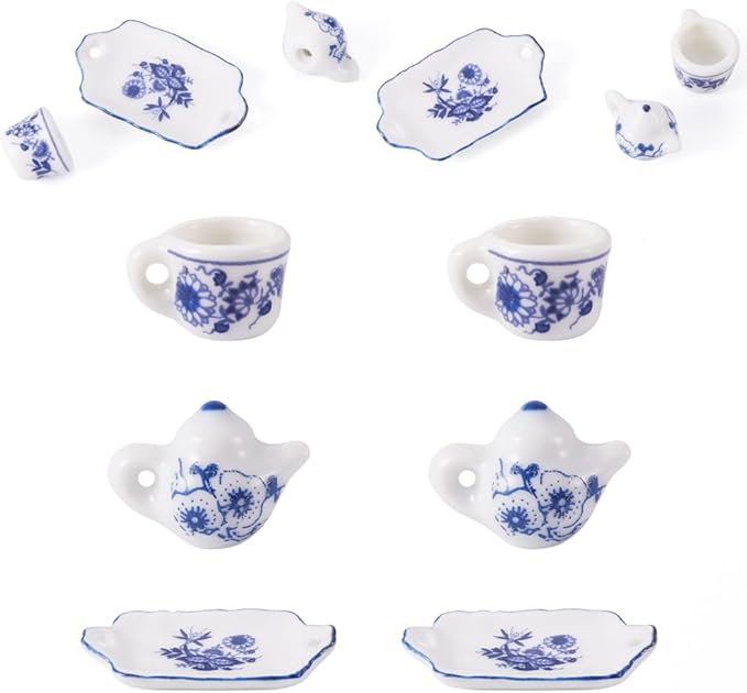 6Pcs Ceramic Tea Set Decorations Blue and White Porcelain 3D Miniature Model Ornaments Tea Cup Teapot Tray Plate Dollhouse Micro Landscape Decoration Garden Home Decor Accessories