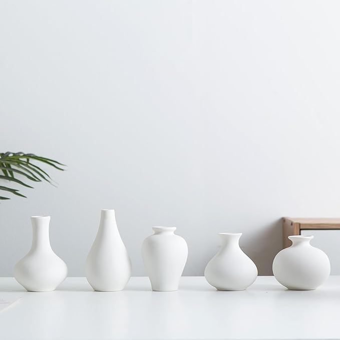Small Ceramic Vase Set of 5, Modern White Vase, Bud Vase, Boho Decorative Vase for Fireplace, Entryway and Living Room, Centerpiece Table Decorations