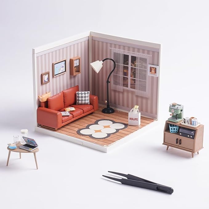 ROBOTIME DIY Miniature House Kit Mini Dollhouse with Accessories Building Toy Set Tiny Room Making Kit with LED Light Hobby Unique Gifts (Cozy Living Lounge)
