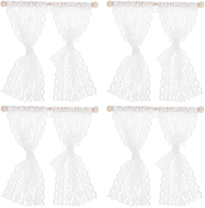 Kisangel 4pcs Dollhouse Miniature Lace Curtains, White Mini Curtains Tiny Doll House Window Shades for Miniature Dollhouse Furniture House Accessories