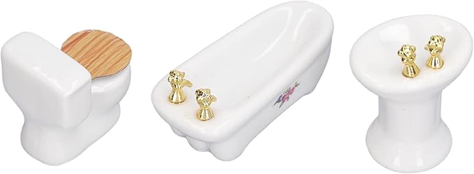 1:24 Dollhouse Miniature Bathroom Set, Ceramic Simulation Bathtub Toilet Sink, Miniature Furniture, Mini Ceramic Bathroom Furniture Set for Dollhouse Restroom Decoration (Flower Pattern)