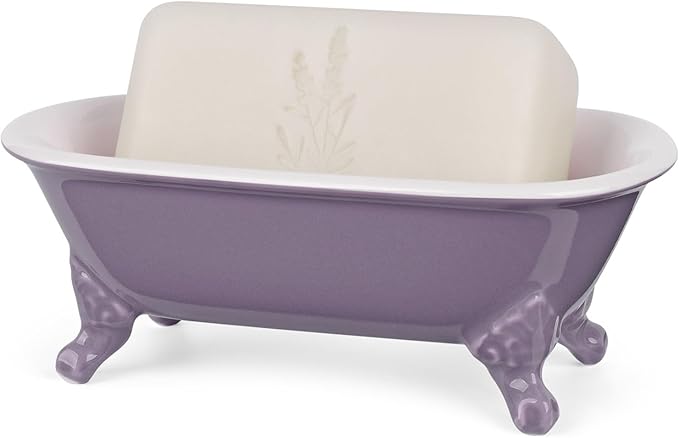 NEWHENGS 6.5" Ceramic Mini Decorative Clawfoot Bathtub Bar Soap Dish, Kitchen Sponge Holder and Shower Tray for Bathroom, 1 Pack(Lavender)