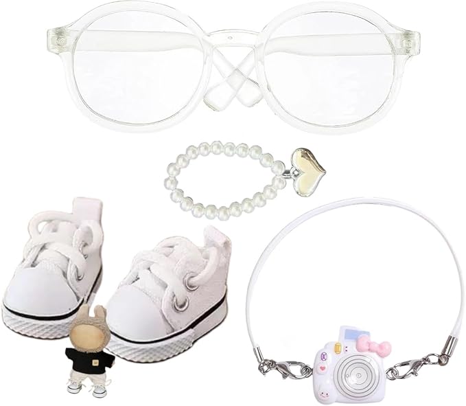 Doll Accessories Set for Labubu Included Mini White Glasses, Camera and Cute White Shoes, Dress Up Accessories for 15/17cm Dolls(No Clothes)