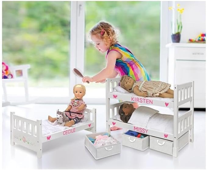 Maykoosh Rustic Romance 1-2-3 Convertible Doll Bunk Bed with Baskets: Stackable Bunk Bed Converts to Double or Single Bed, Includes Storage Baskets and Personalization Kit