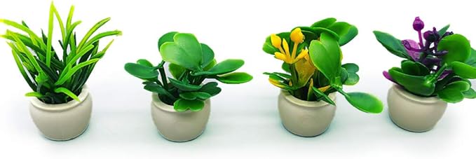 Dollhouse Decoration Plant Pots Miniature Green Potted Bonsai Model Dollhouse Desk Home Office Decor Accessories,1 12 Scale Miniature Plant Model (4 Different Flower Bots)