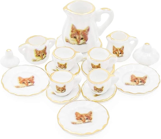 Odoria 1/12 Miniature Porcelain Tea Set 15Pcs Dollhouse Decoration Accessories, Cat