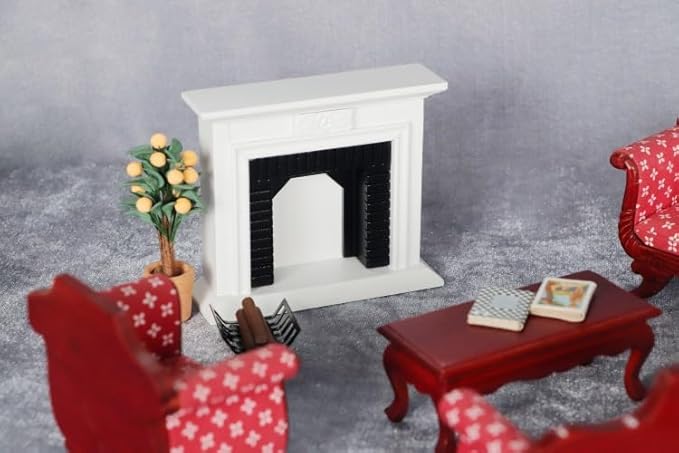 Minamzee Dollhouse Decoration Accessories,1:12 Dollhouse Miniature Furniture Room Wooden Vintage Black White Fireplace and Firewood Pile