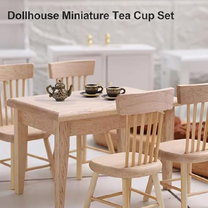 3 Pcs Miniature Tea Cup Set 1:12 Dollhouse Vintage Metal Teapot Coffee Shop Kitchen Accessories Decor, Mini Cups and Teapot(Copper)