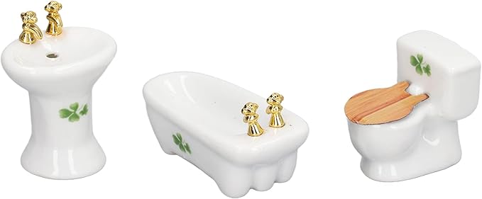 1:24 Dollhouse Miniature Bathroom Set, Ceramic Simulation Bathtub Toilet Sink, Miniature Furniture, Mini Ceramic Bathroom Furniture Set for Dollhouse Restroom Decoration (Grass Pattern)