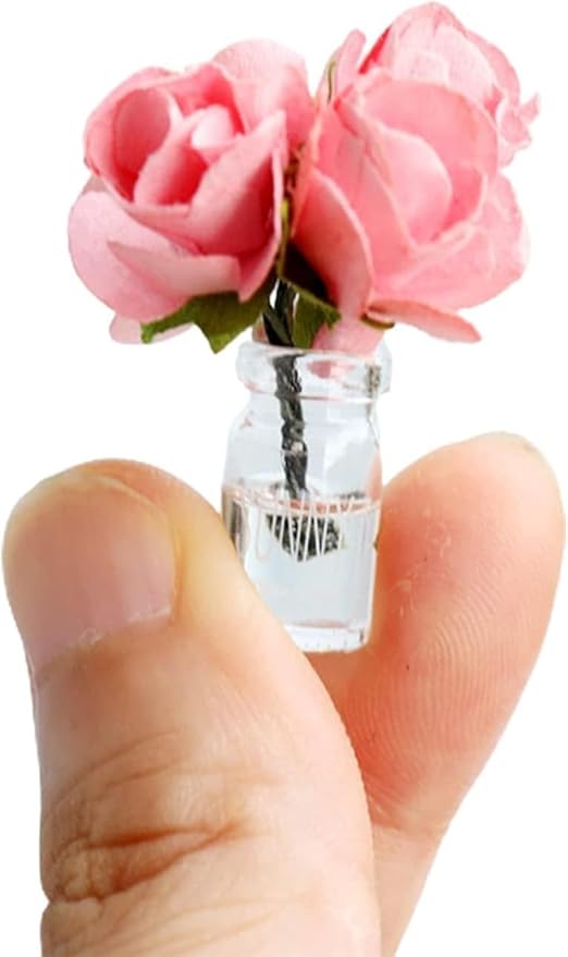 Miniature Pink Rose Flower Glass Vases – Handmade Resin Bottles for 1:12 Scale Dollhouse Scenes, Micro Landscape Decorations, Fairy Garden Accessories, Desktop Styling, DIY Craft Projects
