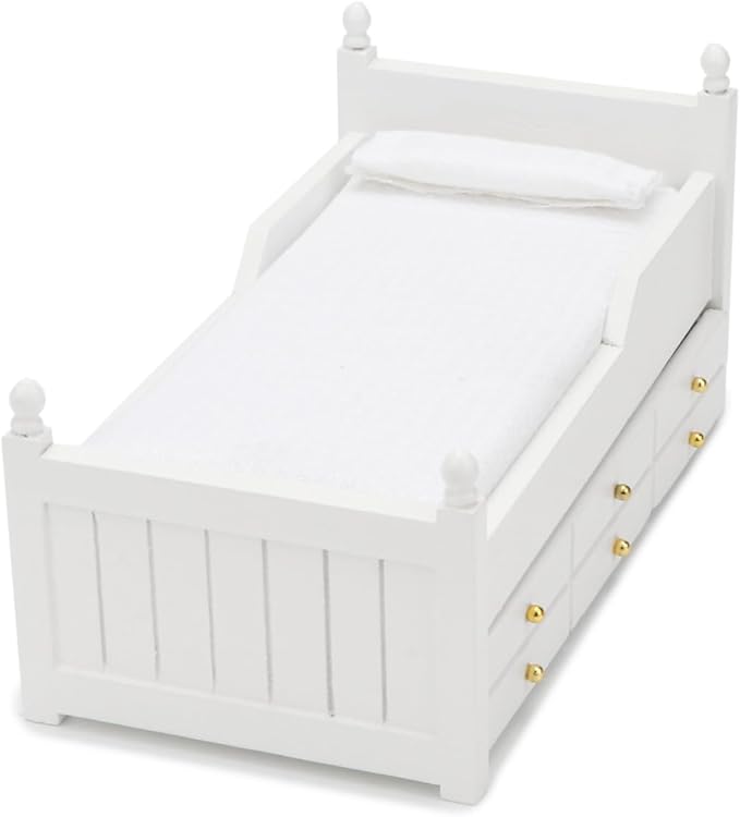 Dollhouse Miniature Bed with Drawer 1:12 Wooden Furniture European Bedroom Bedding Furniture Accessories with Pillow & Mattresses Vintage Floral Fabric Mini House Decoration