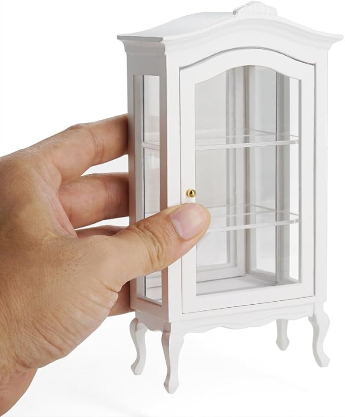 Odoria Dollhouse Curio Cabinet Miniature: 1/12 Scale Display Bookcase for Victorian Living Room - Mini Vintage Storage Shelf with Mirror - Tiny Wood White Furniture Antique