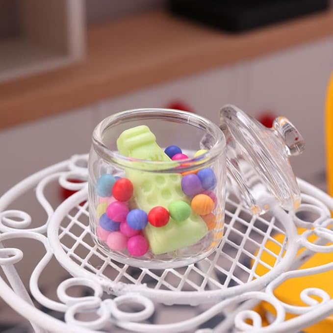 2 Pcs Miniature Glass Storage Jars with Lids for Dollhouse Decoration, Clear Mini Glass Canisters for Miniature Scenes, Creative Candy Containers