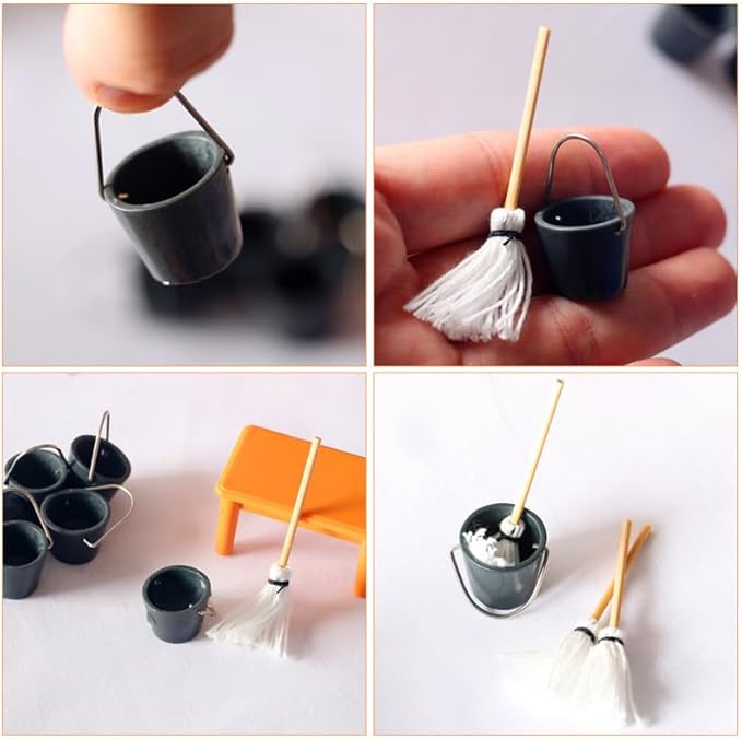 Kisangel 16sets Miniature Mop with Bucket, 1:12 Scale Mini Cleaning Tools for Dollhouses Furniture Landscapes Decoration