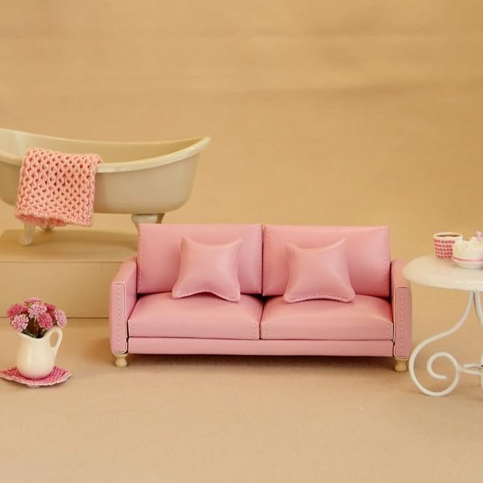 Miniature Dollhouse Leather Couch 1:12 PU Sofa Furniture Set with Cushions – Fit 1/12 Scale Accessories for Doll House Décor and 3 to 6 inches Doll Figure (Pink)