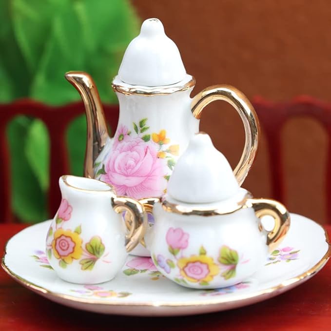 Cutemini 1:6 Scale Miniature Porcelain Dollhouse Tea Cup Sets 8PCS Flower Pattern Teapot Platter Dish Sets Dollhouse Kitchen Supplies Decoration (Light Pink)