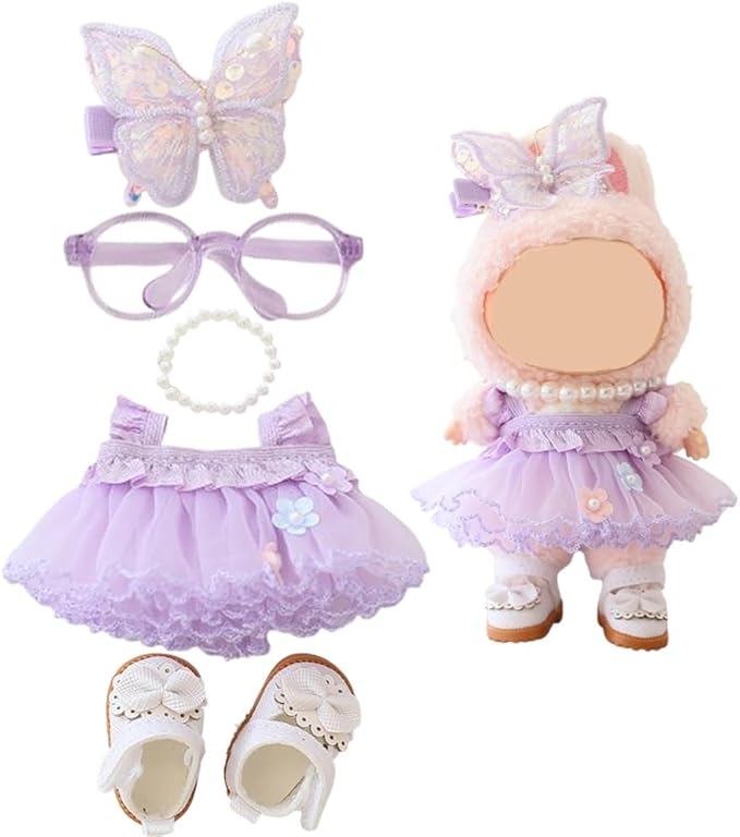 HLIAZJM Clothes for Labubu Doll, 5 Pieces Butterfly Tulle Skirt Purple Outfit Set, Suitable for 15cm & 17cm Dolls