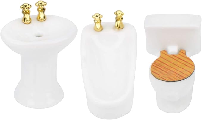 1/24 Dollhouse Miniature Bathroom Set Simulation Ceramic Bathtub Toilet Sink Kit Dollhouse Bathroom Set Melody Jane Dolls Houses Doll House Toilet Bathtub Furni (Pure White)