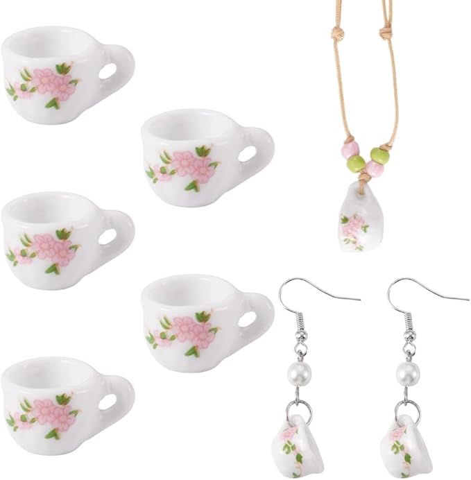 5Pcs Porcelain Mini Tea Cup Decorations 3D Ceramic Tea Set Miniature Model Ornaments Dollhouse Micro Landscape Decoration White with Pink Flower Garden Home Decor Accessories 16.5x12.5x9.5mm