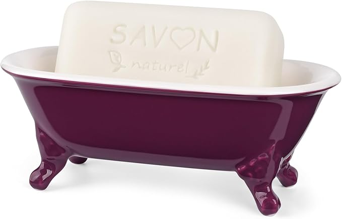 NEWHENGS 6.5" Ceramic Mini Decorative Clawfoot Bathtub Bar Soap Dish, Kitchen Sponge Holder and Shower Tray for Bathroom, 1 Pack(Burgundy)