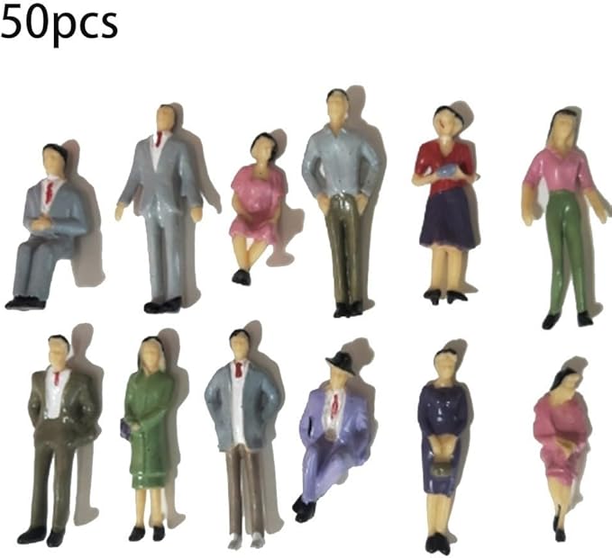 50 Pcs Mini People Figurines 1:32 Scale Architectural Painted Tiny People Model Sitting And Standing, 2.38 inch Plastic Miniature People Assorted Poses Model Trains For Miniature Scenes