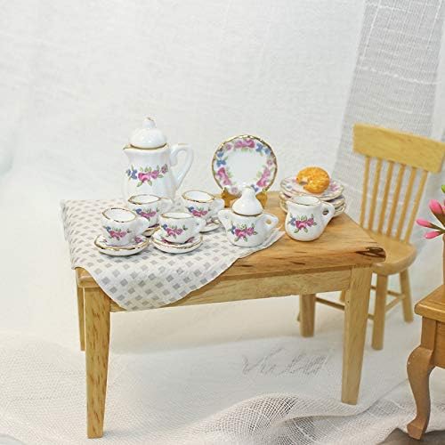 Dollhouse Decoration Accessories, 1:12 Dollhouse Miniature Scene Model 15 PCS Porcelain Teacup and Saucer Set (A, 15 Pcs)