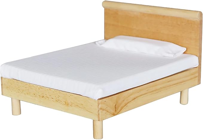 1/12 Dollhouse Bed Miniature Queen Woode Bed for Dollhouse Bedroom Furniture Accessories (Wood)