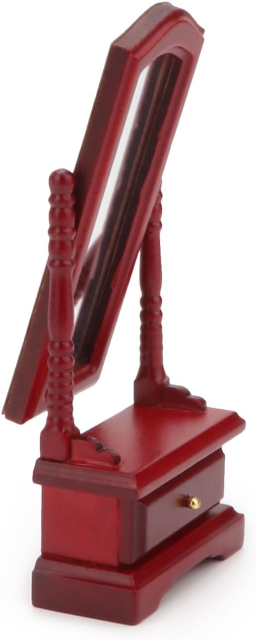 Miniature Furniture Fitting Mirror 1:12 Scale Dollhouse Bedroom Dressing Mirror with Drawer Model Accessory Mini Scene Ornament Desktop Decoration（Red