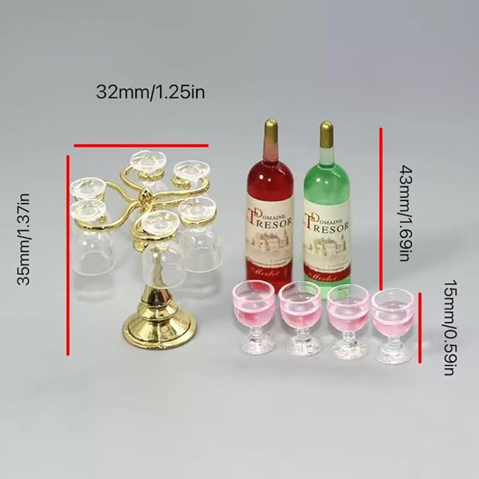 Dollhouse Accessories Mini Wine Bottles Sets with Rack - 1/12 Scale Accessories for Beer Mini Champagne Bottles, Including 1/6 Scale Display Stand(Pink Color)
