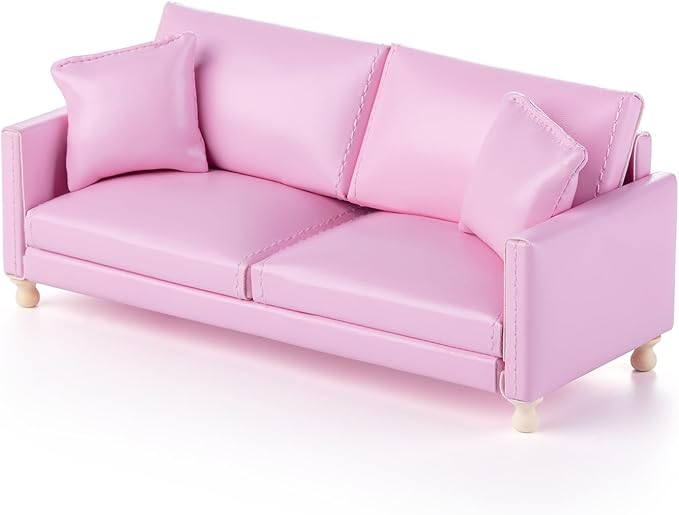 Minamzee 1:12 Dollhouse Leather Couch, Miniature Modern Double Sofa with Pillows, Dollhouse Luxury Couch Furniture Accessories for Living Room Bedroom (Pink)