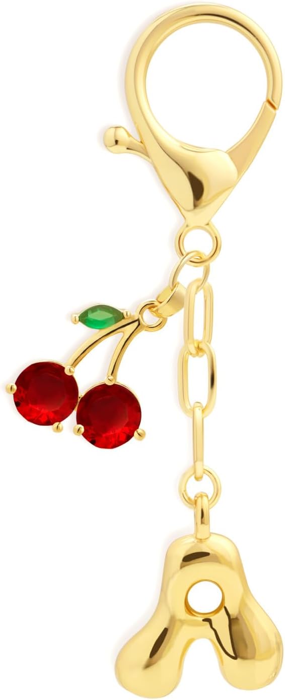 Fohufo Initial Keychains for Women - Cute Cherry Bag Charms Purse, 14K Gold Plated Keychain Accessories, Birthday Gifts