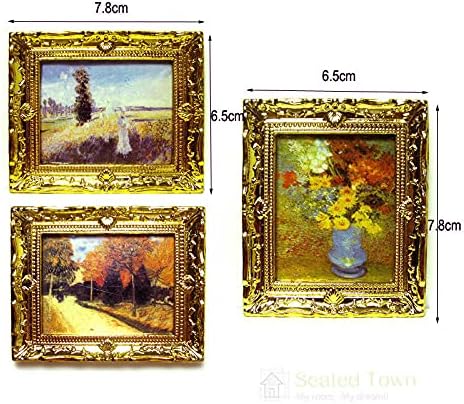 Acxico 3Pcs 1:12 Mini Miniature Gold Frame Art Wall Picture Oil Painting Home Decor