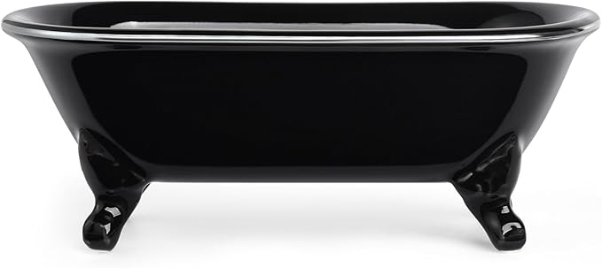 NEWHENGS 6.5" Ceramic Mini Decorative Clawfoot Bathtub Bar Soap Dish, Kitchen Sponge Holder and Shower Tray for Bathroom, 1 Pack (Black Silver Rim)