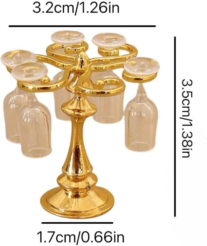 6pcs Mini Wine Glasses and Miniature Dollhouse Accessories - 1/12 Scale Accessories with Mini Wine Bottles for Doll House Girls &Women(Golden Color)