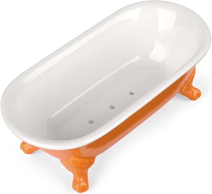 NEWHENGS 6.5" Ceramic Mini Decorative Clawfoot Bathtub Bar Soap Dish, Kitchen Sponge Holder and Shower Tray for Bathroom, 1 Pack(Tangerine)