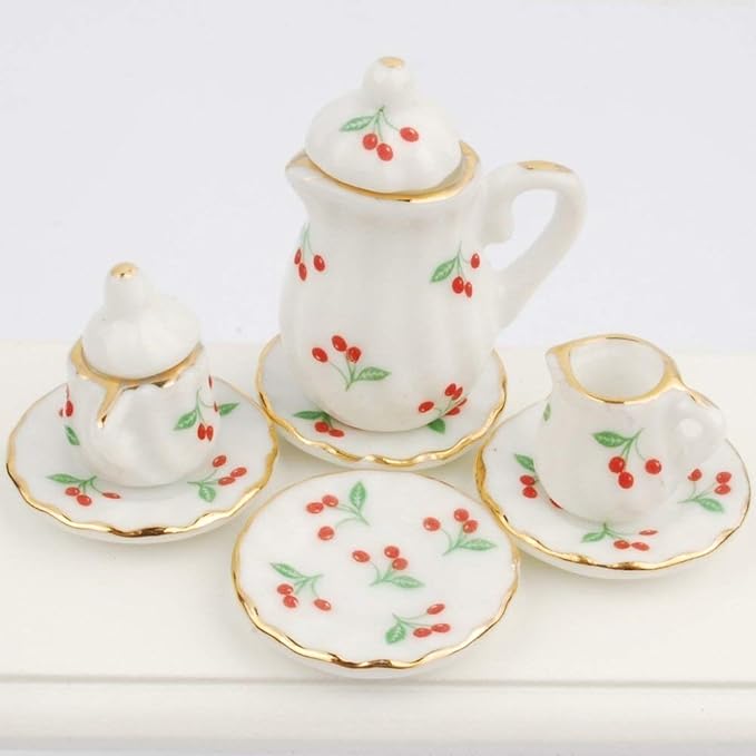 NW 1 Set 15 Pieces 1:12 Ceramics Tea Cup Set Lovely Dollhouse Decoration Set Dollhouse Kitchen Accessories(#1)