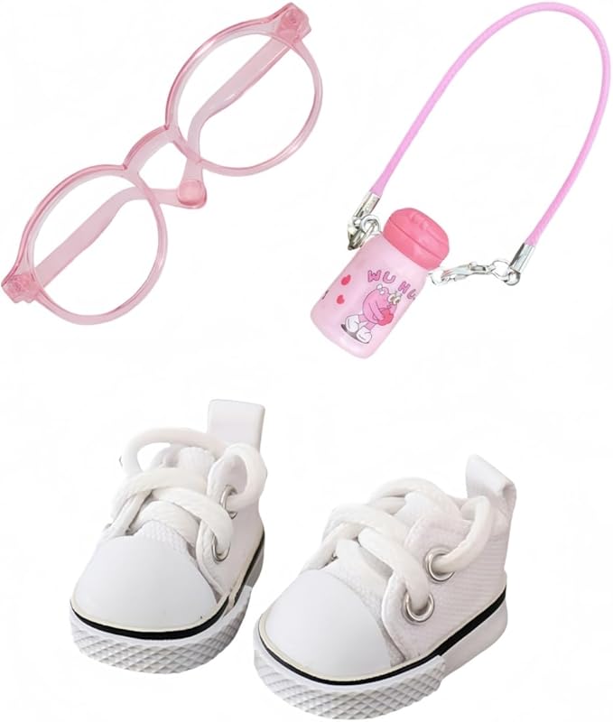 3 Pieces Doll Clothes Set Accessories, Mini Doll Canvas Sneakers Glasses Water Bottle Bag Decoration for 17cm Dolls, Mini Finger Shoes, Cute Outfit Clothing Accessory for 1st/2nd/3rd Gen Monsters Doll