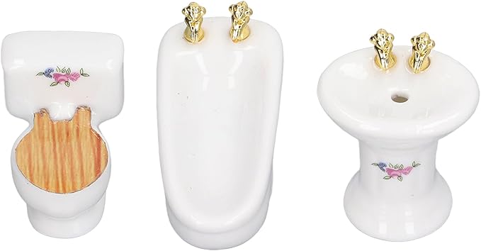 shenruifa 3Pcs Dollhouse Miniature Bathroom Set, 1:24 Ceramic Simulation Bathtub Toilet Sink Dollhouse Bathroom Furniture (Flower Shape)