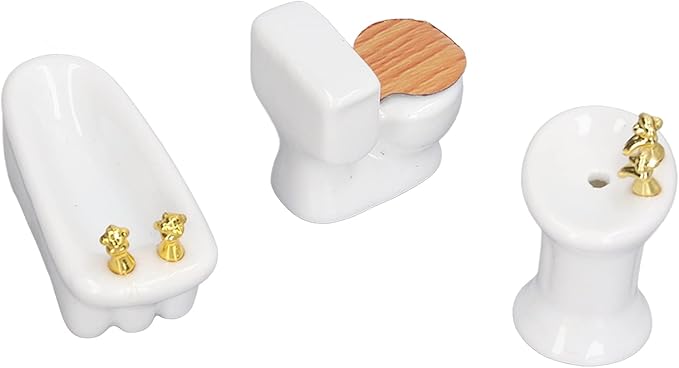 Dollhouse Miniature Bathroom Set Ceramic 3Pcs Simulation Bathtub Toilet Sink 1/24 Dollhouse Furniture (White)