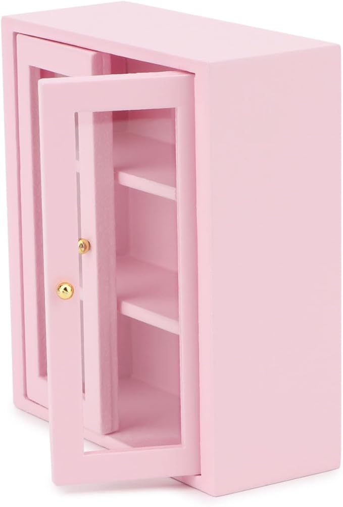 Dollhouse Wall Cabinet Wooden Miniature Cupboard 1:12 Scale Kitchen Furniture Dollhouse Hanging Cabinet Display Shelf Household Accessories Decor for Bathroom Living Room (Pink)