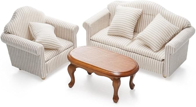 Odoria 1/12 Miniature Brown Coffee Table and Upholstered Chair Sofa Set Mini Armchair Striped Khaki Couch Miniatures Dollhouse Furniture Accessories Doll House Accessory