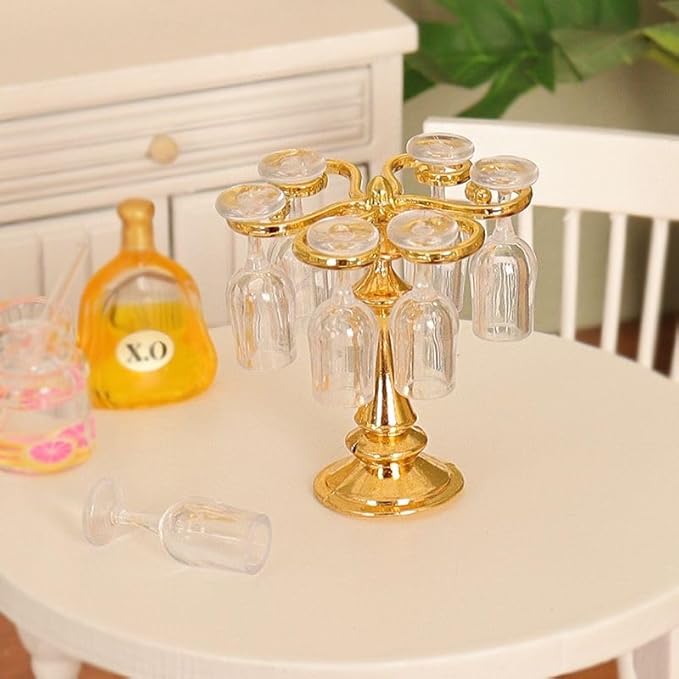 6pcs Mini Wine Glasses and Miniature Dollhouse Accessories - 1/12 Scale Accessories with Mini Wine Bottles for Doll House Girls &Women(Golden Color)