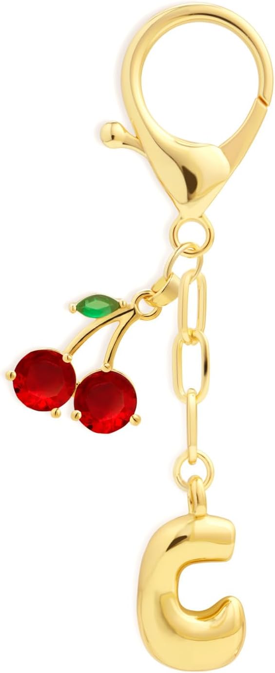 Fohufo Initial Keychains for Women - Cute Cherry Bag Charms Purse, 14K Gold Plated Keychain Accessories, Birthday Gifts