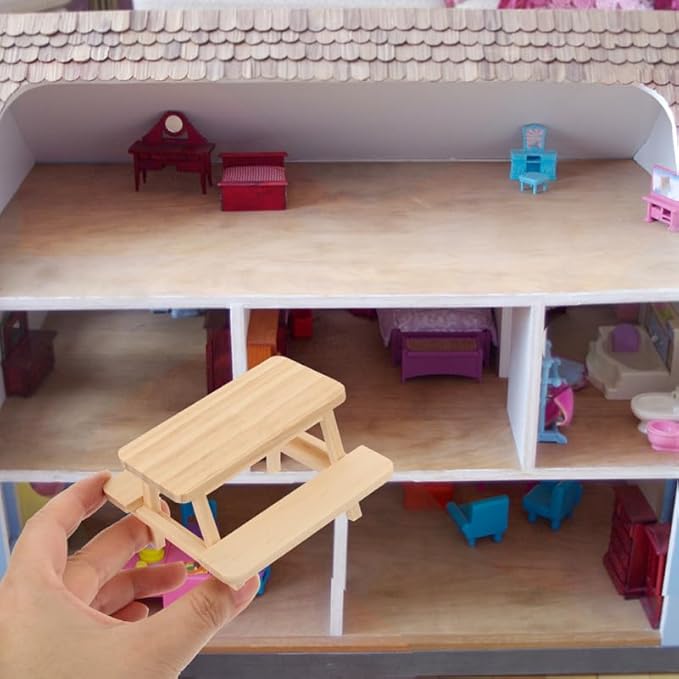 Besportble Mini Wooden Picnic Table and Chair Set 3.23In Dollhouse Furniture Miniature Table and Tiny Chairs Decorative Model for Dollhouse Accessories and Scene Layout
