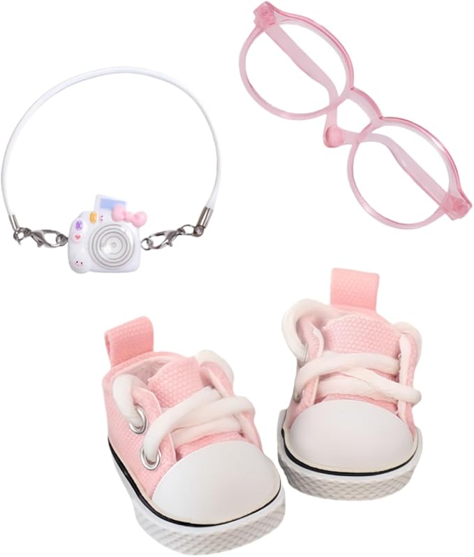 3 Pieces Doll Clothes Set Accessories, Mini Doll Canvas Sneakers Glasses Camera Decoration for 17cm Dolls, Mini Finger Shoes, Cute Outfit Clothing Accessory for 1st/2nd/3rd Gen Monsters Doll